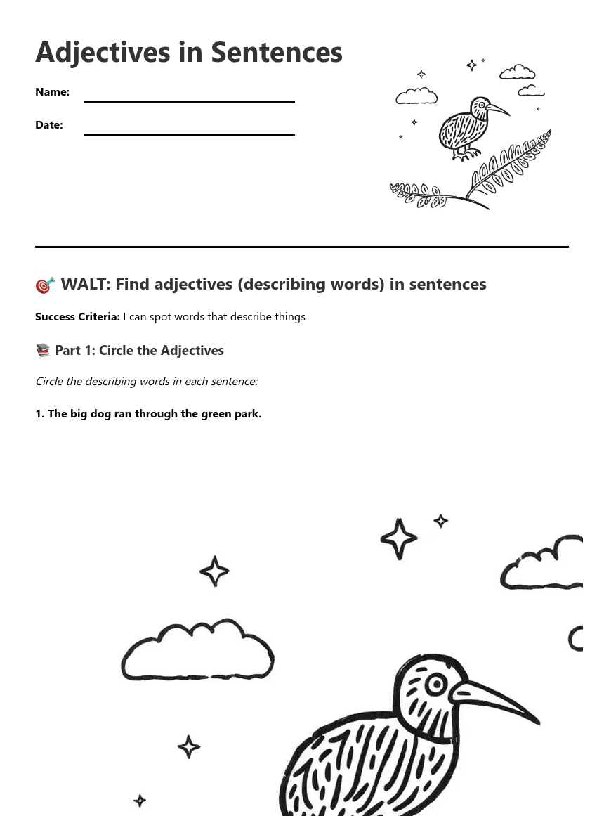 Adjectives in Sentences worksheet preview