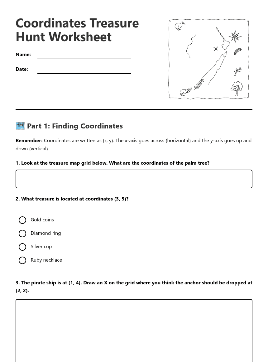 Coordinates Treasure Hunt Worksheet worksheet preview