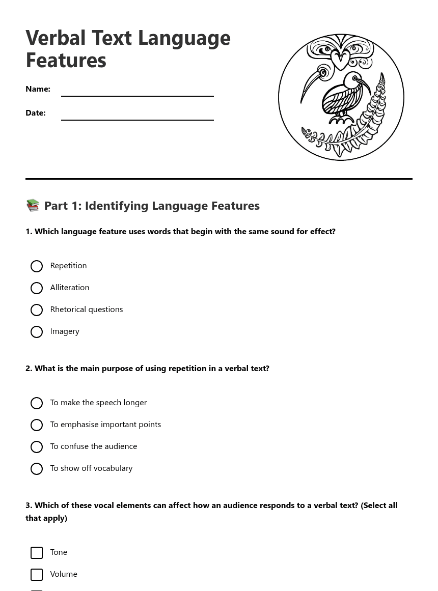 Verbal Text Language Features worksheet preview