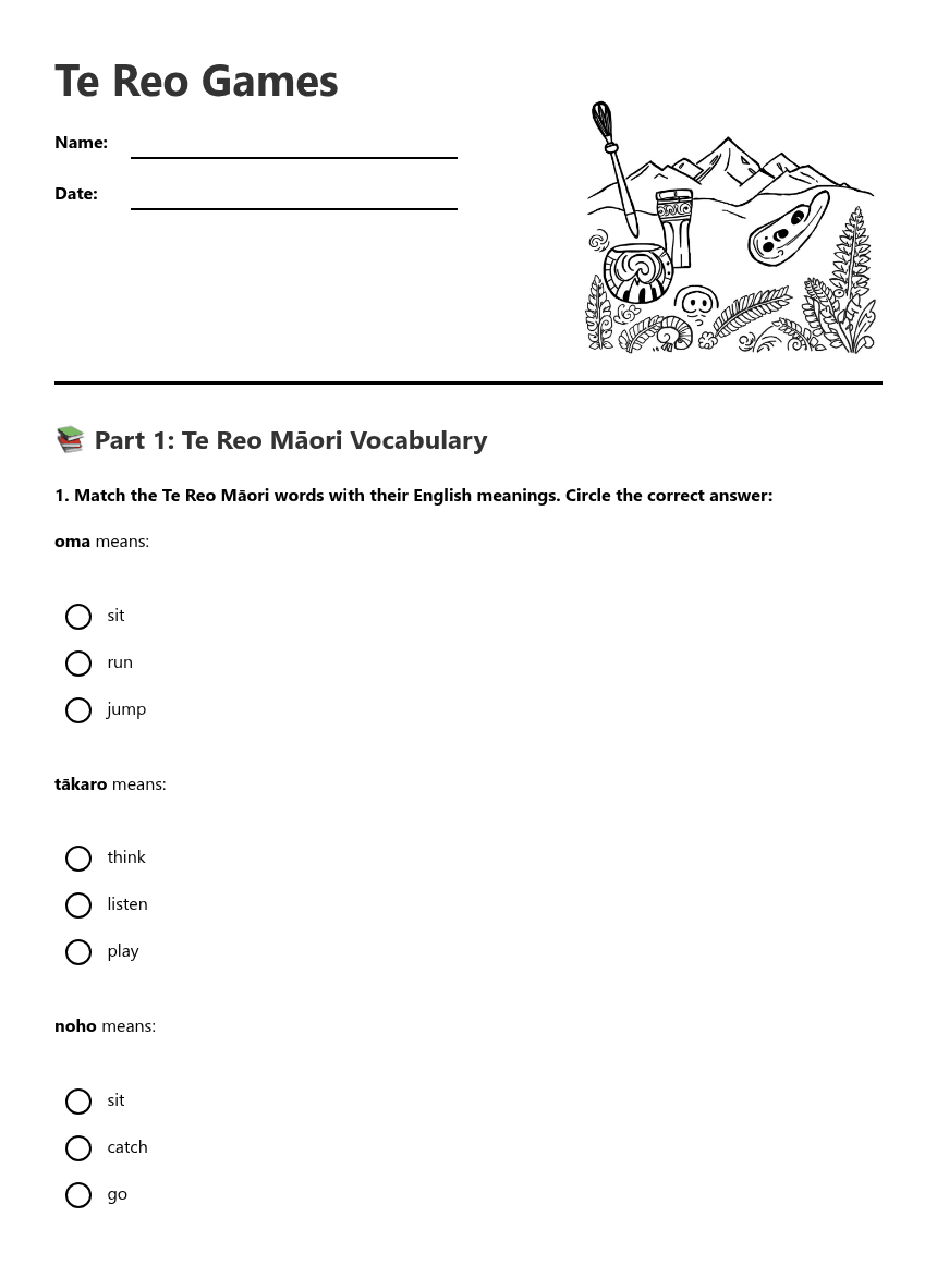Te Reo Games worksheet preview