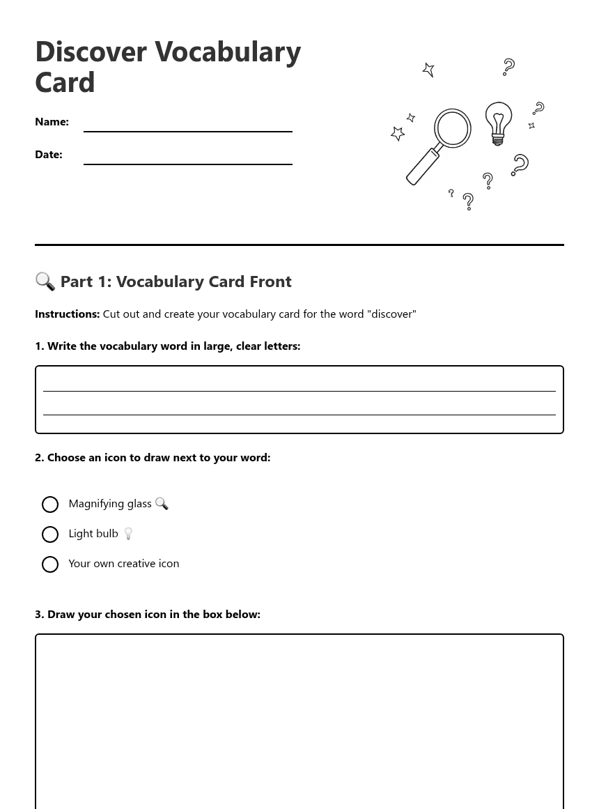Discover Vocabulary Card worksheet preview