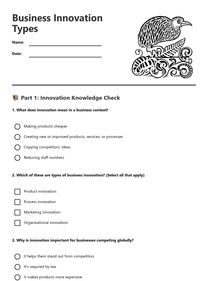 Business Innovation Types worksheet preview