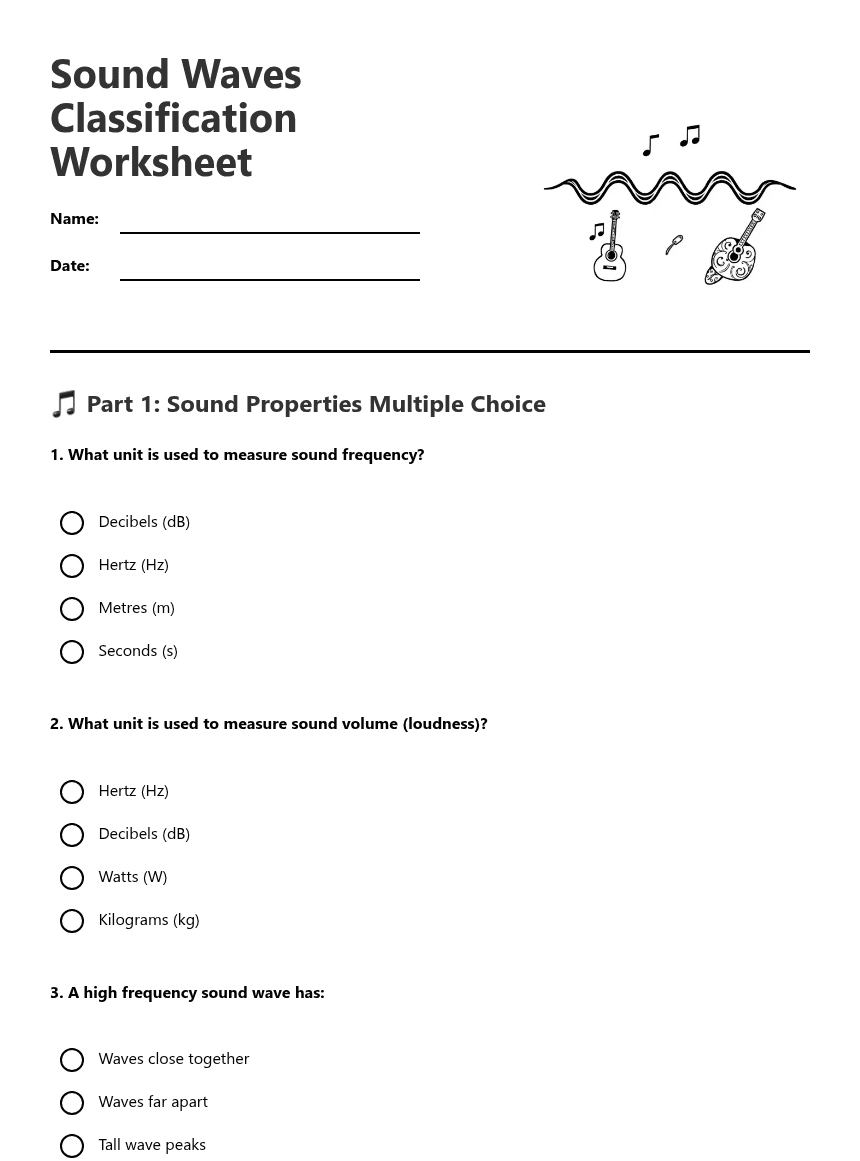 Sound Waves Classification Worksheet worksheet preview