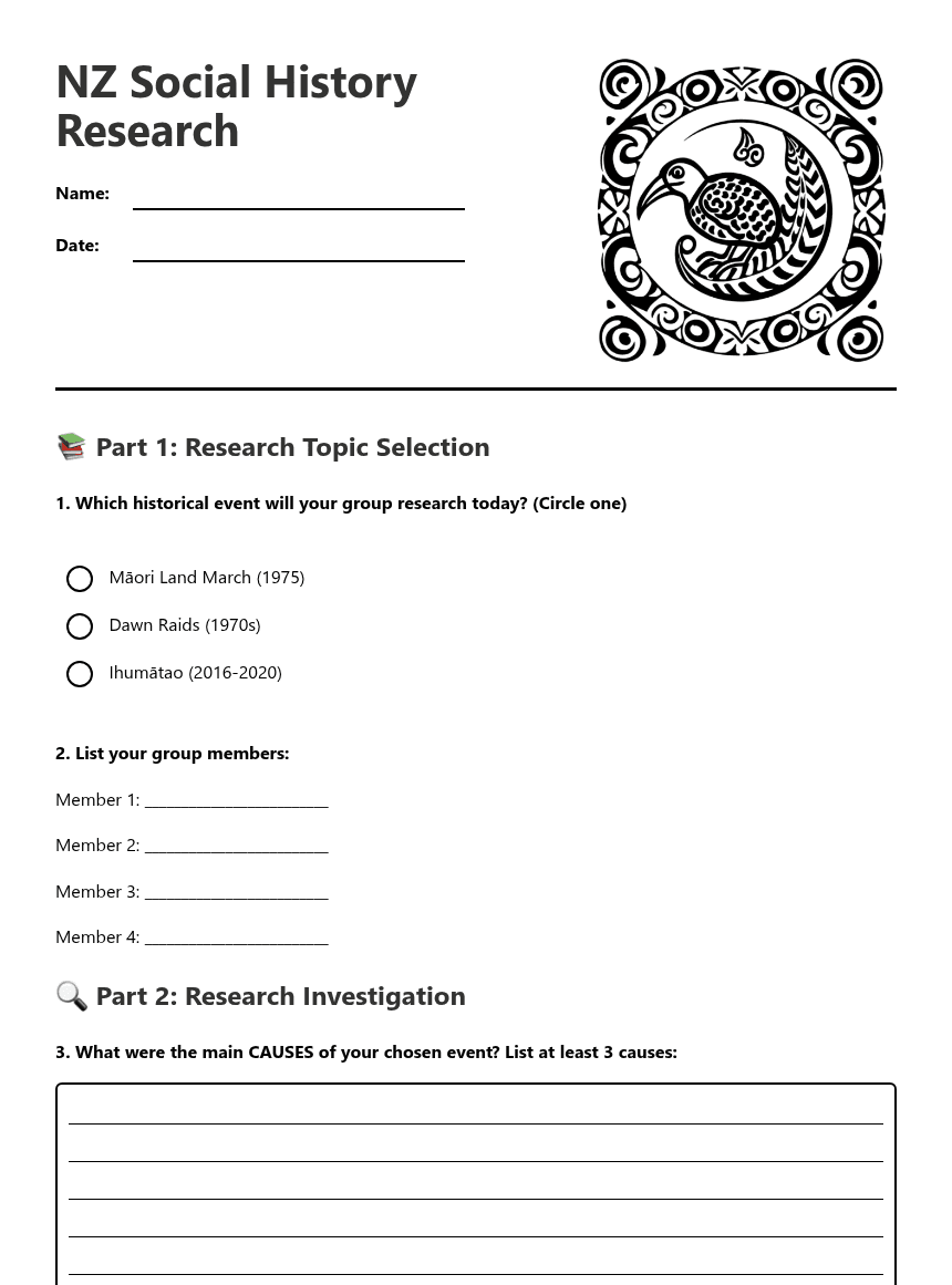 NZ Social History Research worksheet preview