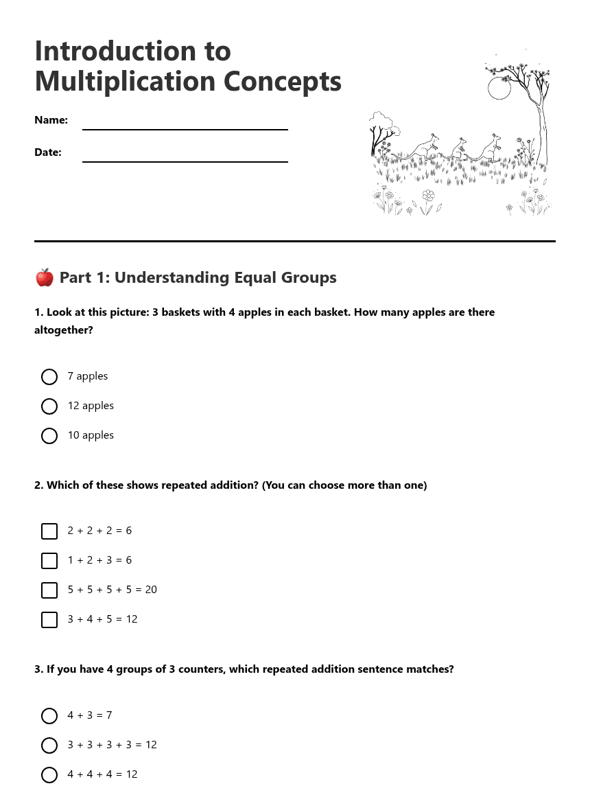 Introduction to Multiplication Concepts worksheet preview