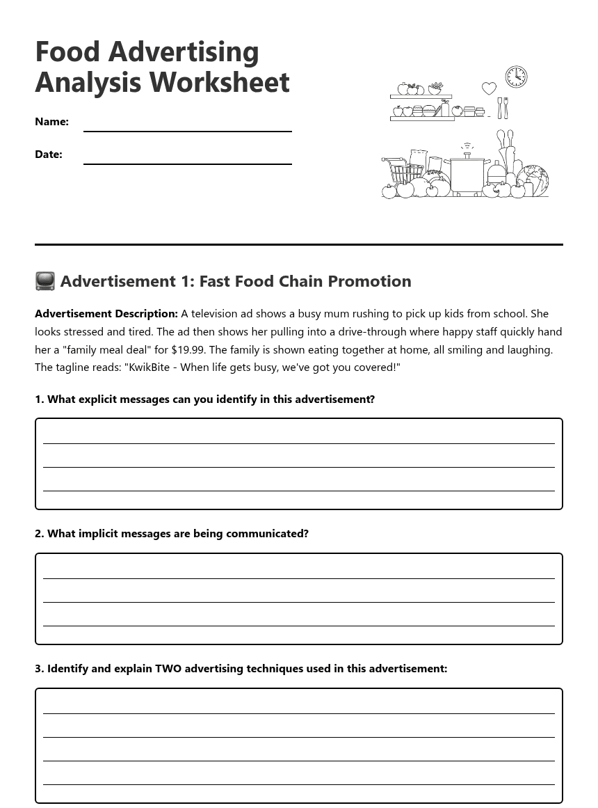 Food Advertising Analysis Worksheet worksheet preview