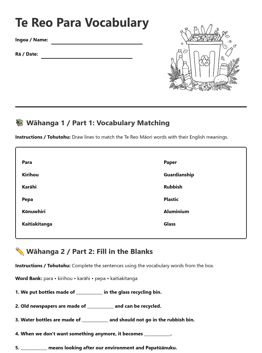 Te Reo Para Vocabulary worksheet preview