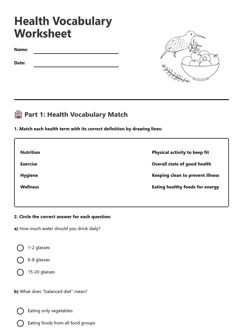 Health Vocabulary Worksheet