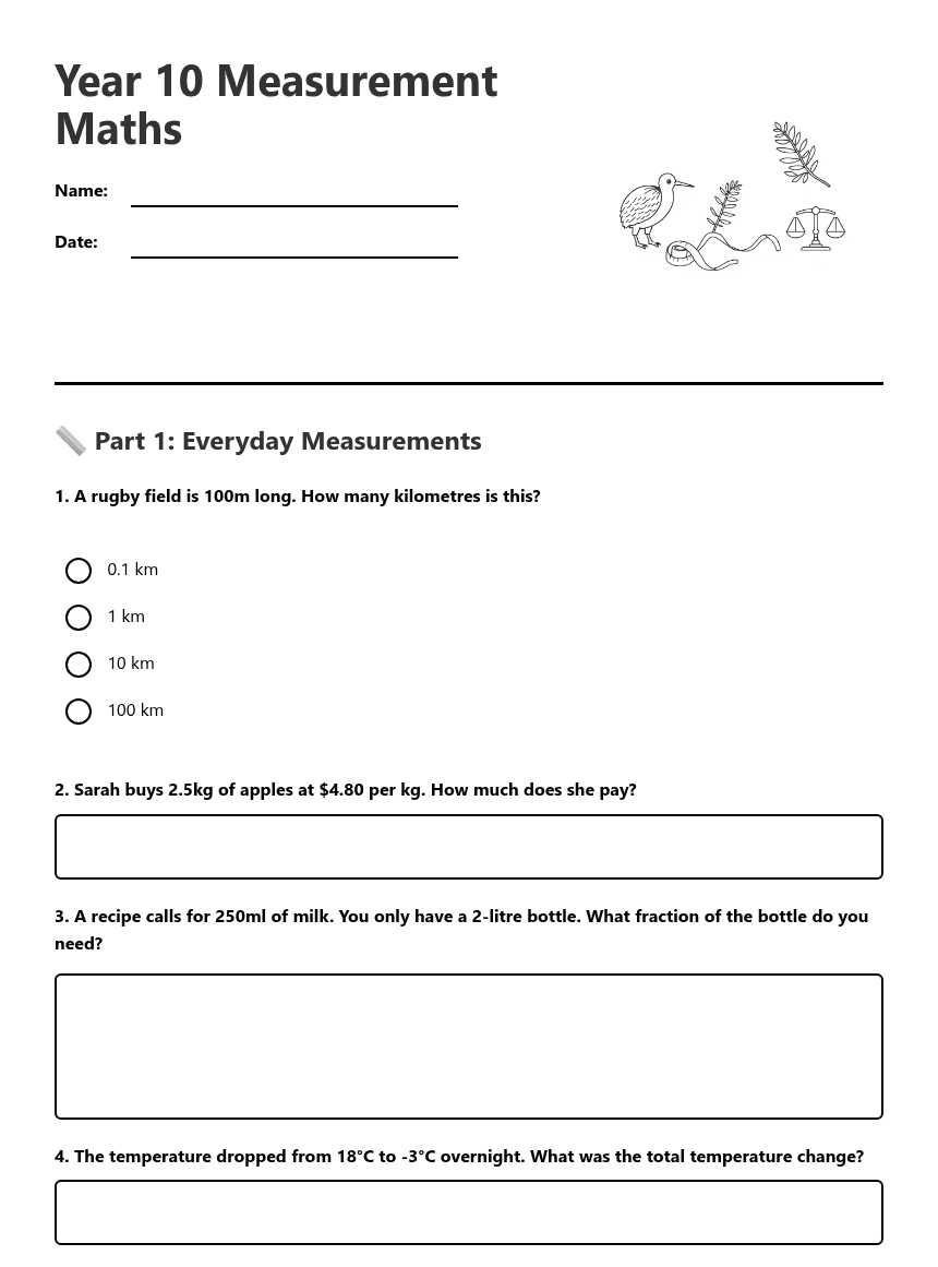 Year 10 Measurement Maths worksheet preview