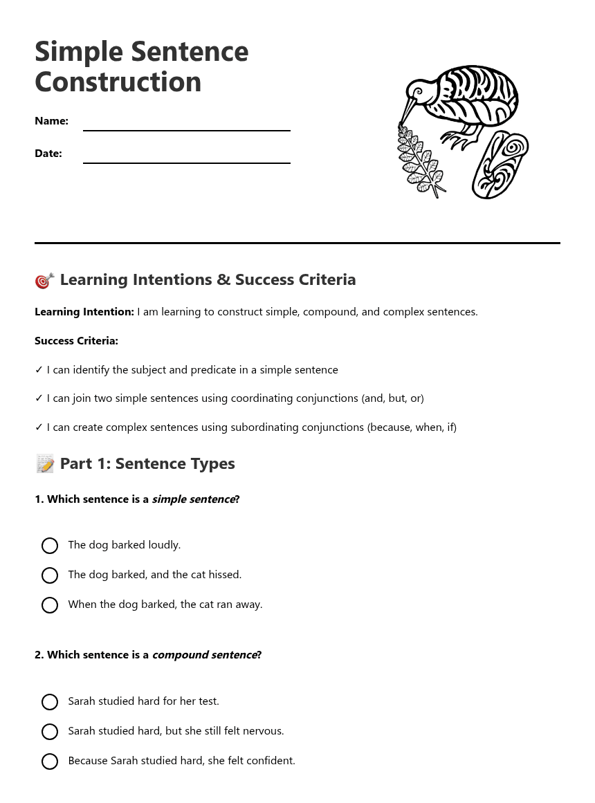 Simple Sentence Construction worksheet preview