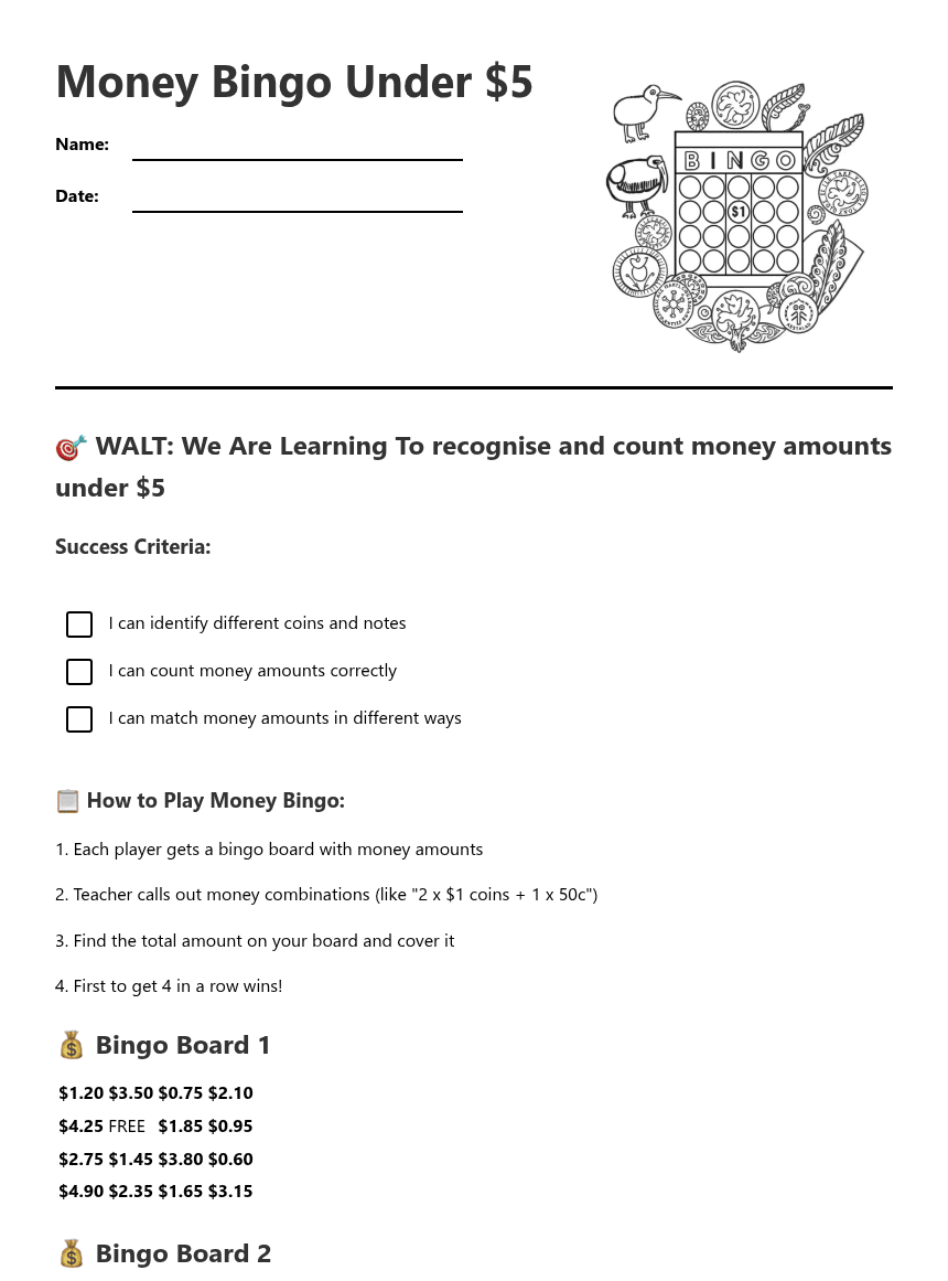 Money Bingo Under $5 worksheet preview