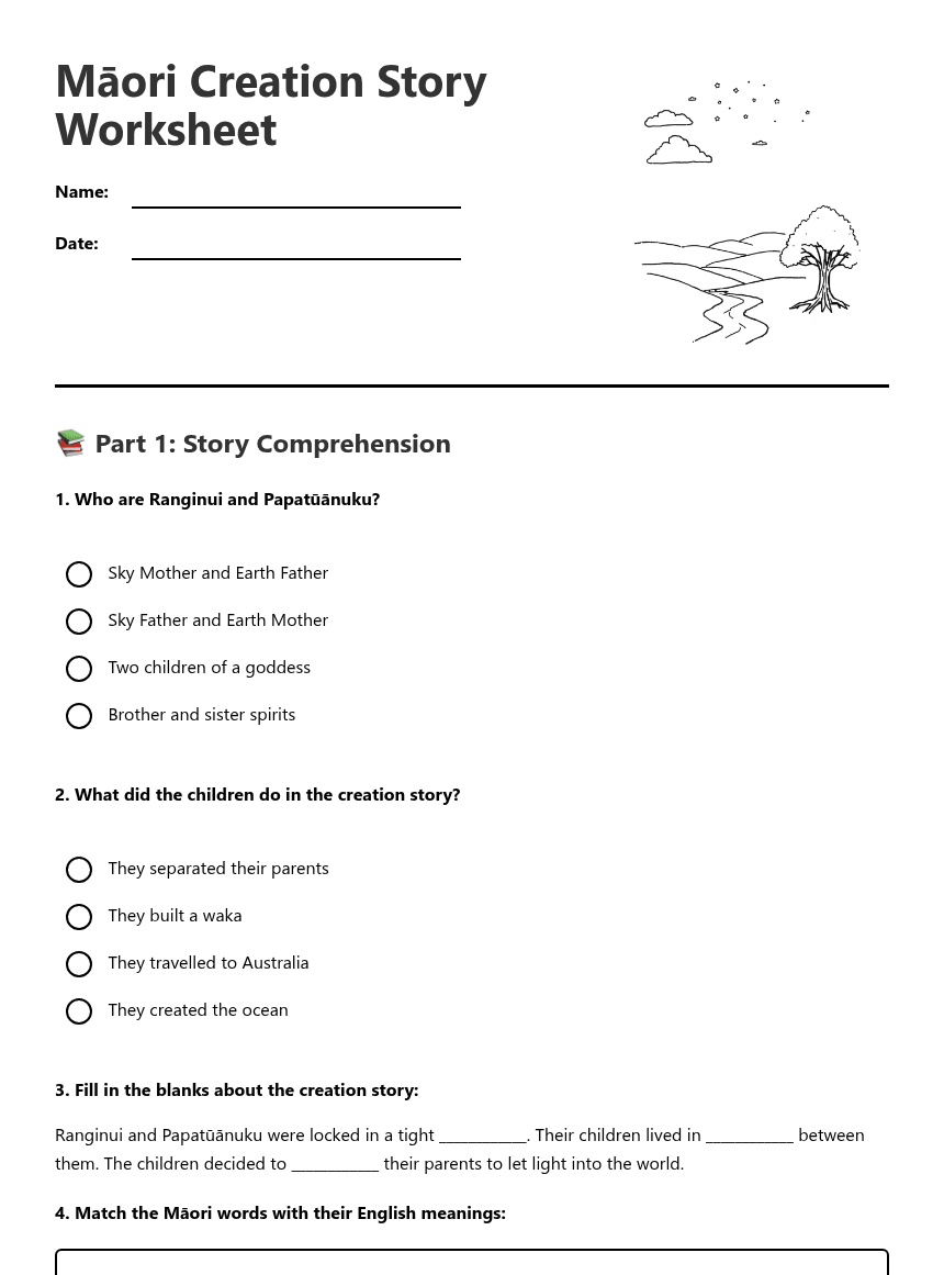 Māori Creation Story Worksheet worksheet preview