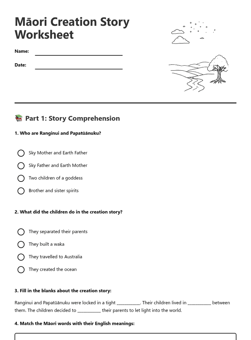 Māori Creation Story Worksheet