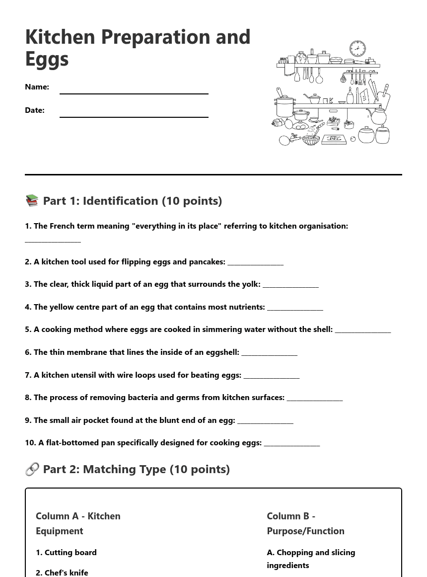 Kitchen Preparation and Eggs worksheet preview