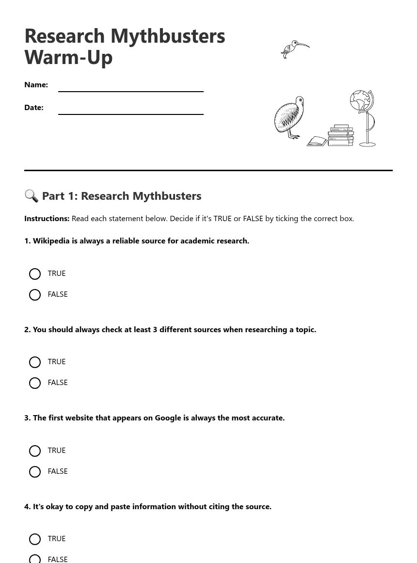 Research Mythbusters Warm-Up worksheet preview