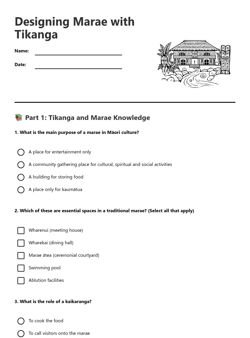 Designing Marae with Tikanga worksheet preview