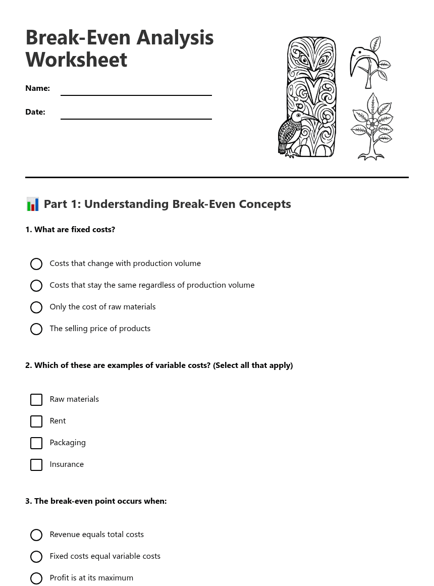 Break-Even Analysis Worksheet worksheet preview