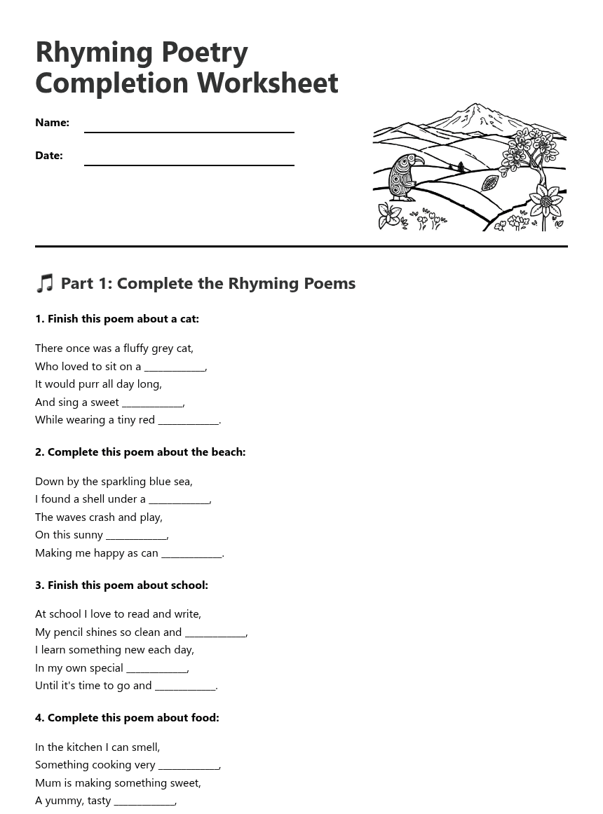 Rhyming Poetry Completion Worksheet worksheet preview