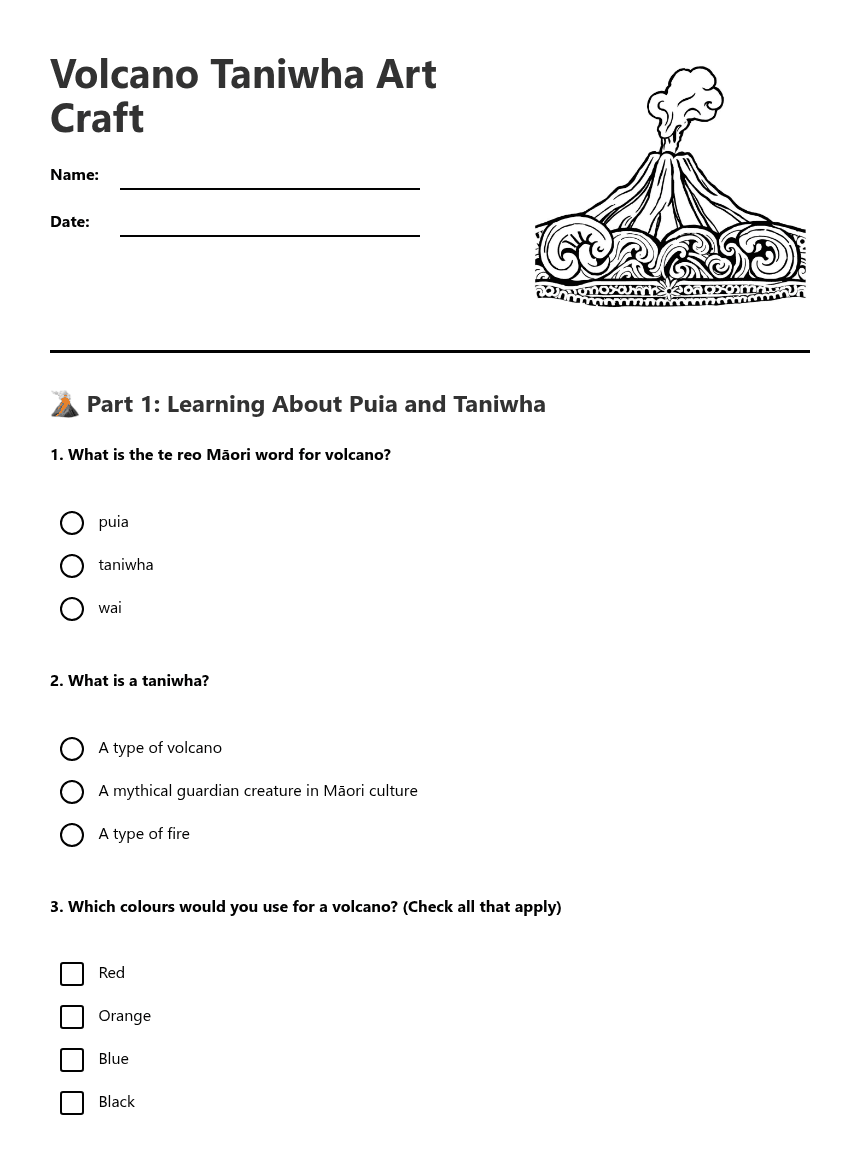 Volcano Taniwha Art Craft worksheet preview