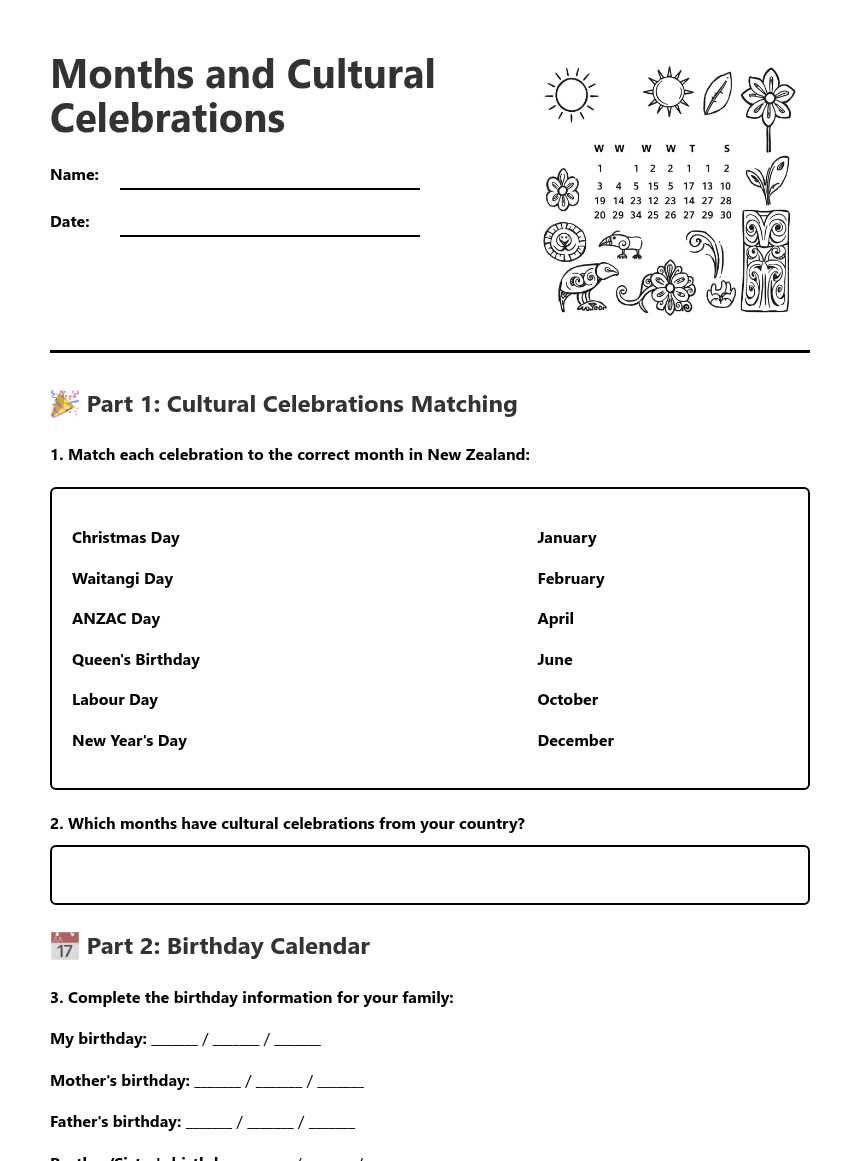 Months and Cultural Celebrations worksheet preview