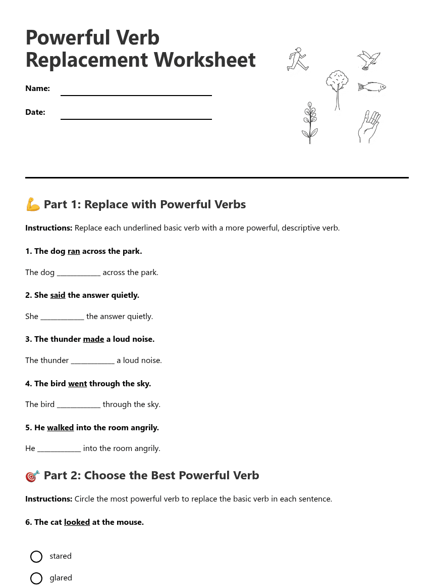 Powerful Verb Replacement Worksheet worksheet preview