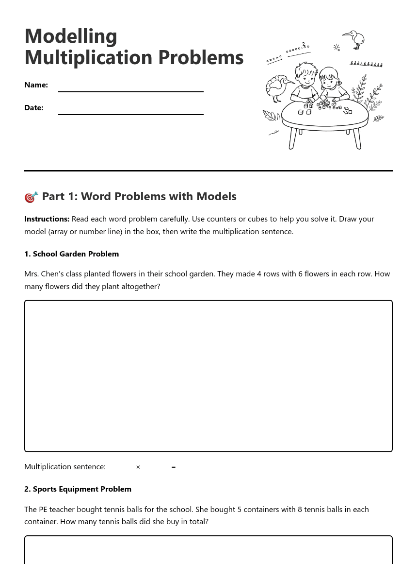 Modeling Multiplication Problems worksheet preview