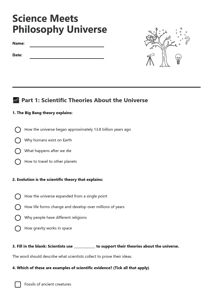 Science Meets Philosophy Universe worksheet preview