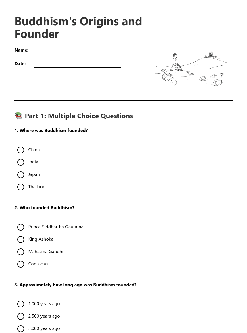 Buddhism's Origins and Founder worksheet preview