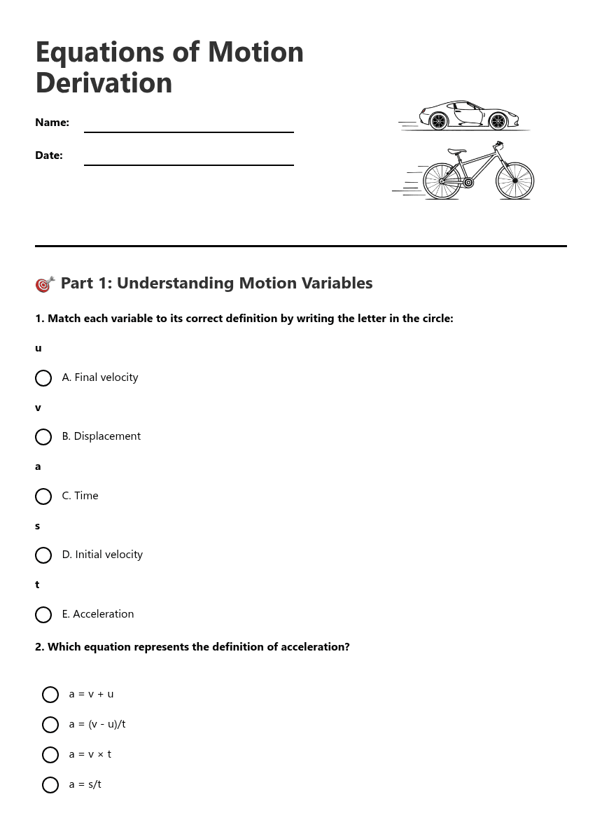 Equations of Motion Derivation worksheet preview