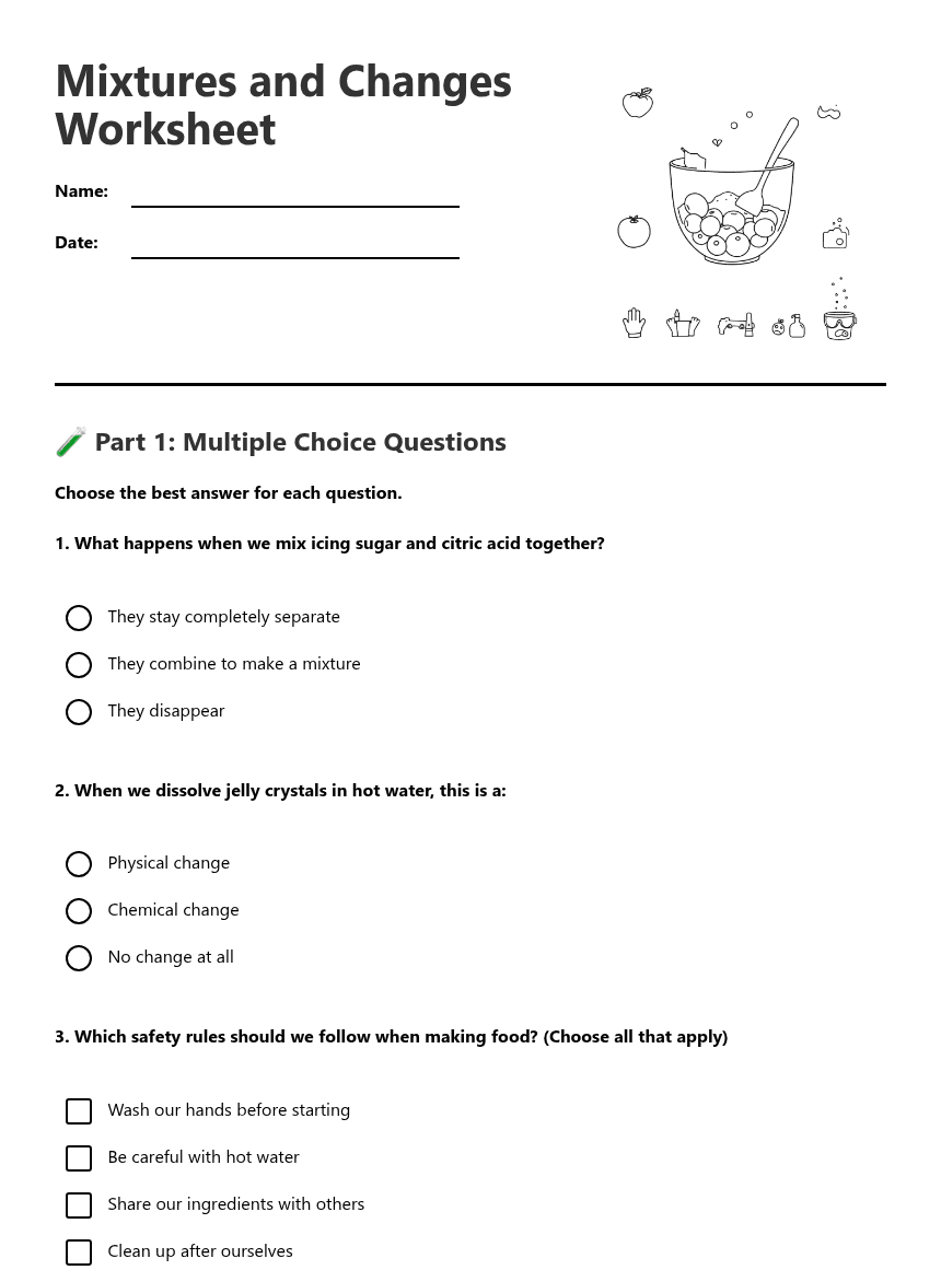 Mixtures and Changes Worksheet worksheet preview