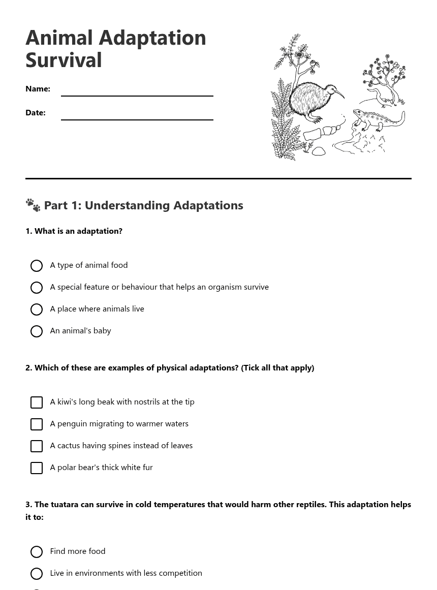 Animal Adaptation Survival worksheet preview