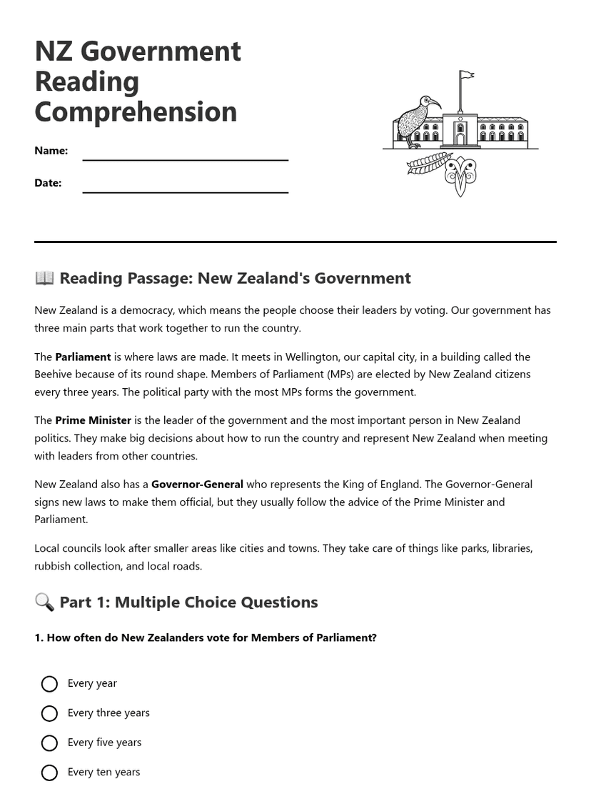 NZ Government Reading Comprehension