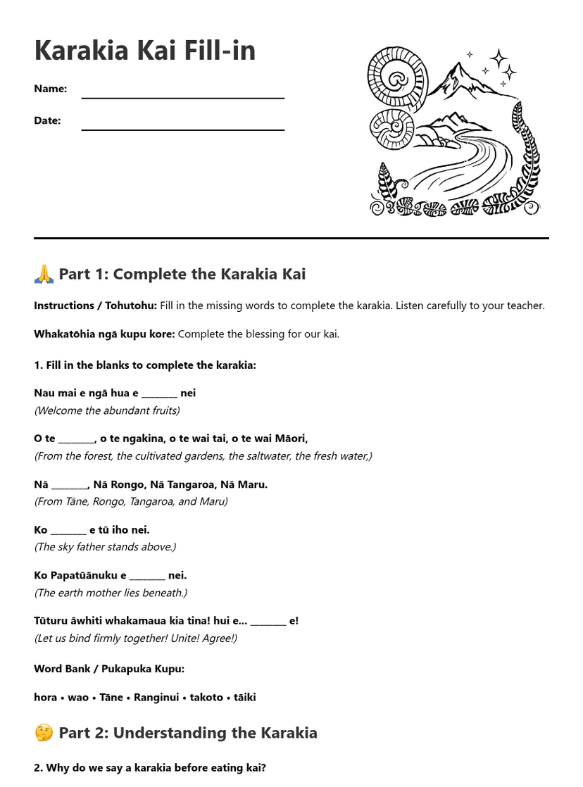 Karakia Kai Fill-in