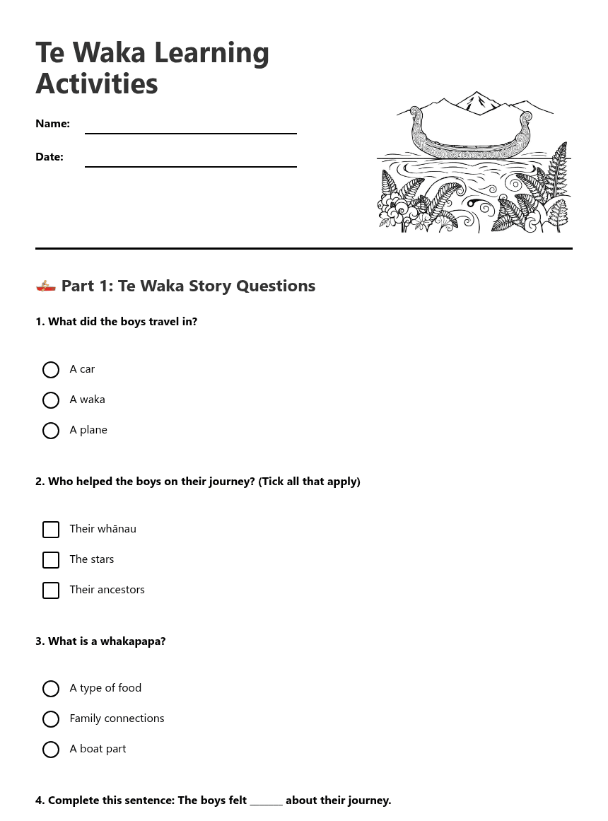 Te Waka Learning Activities worksheet preview