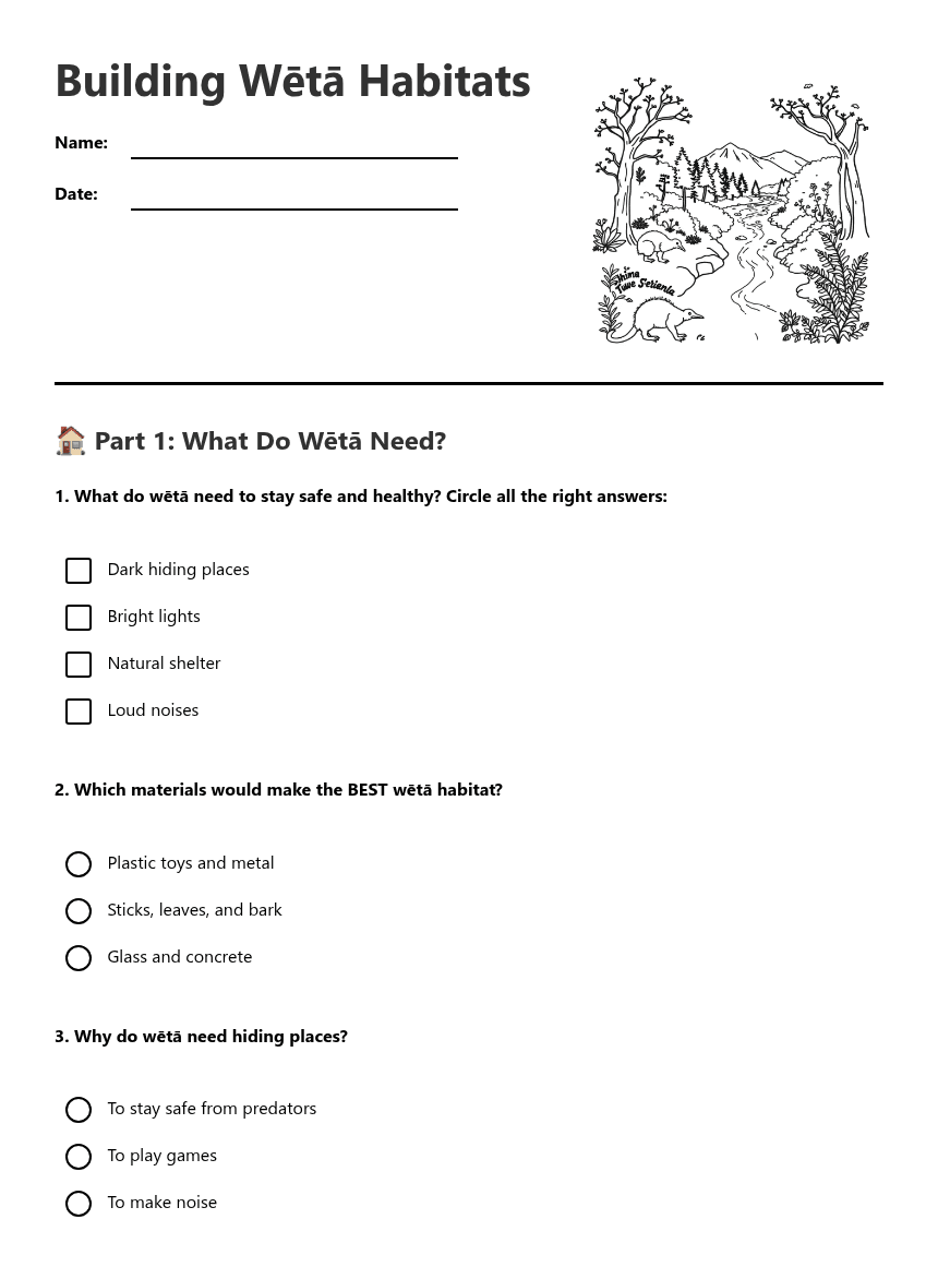 Building Wētā Habitats worksheet preview