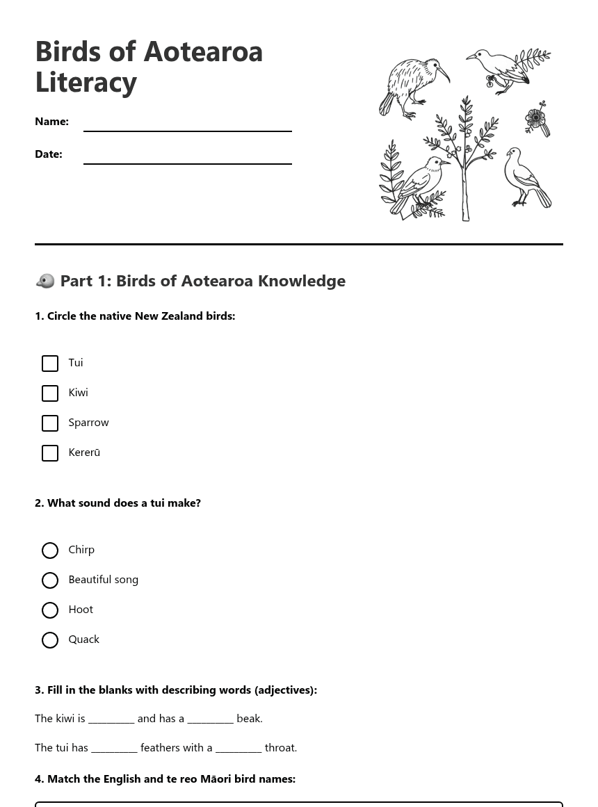 Birds of Aotearoa Literacy worksheet preview