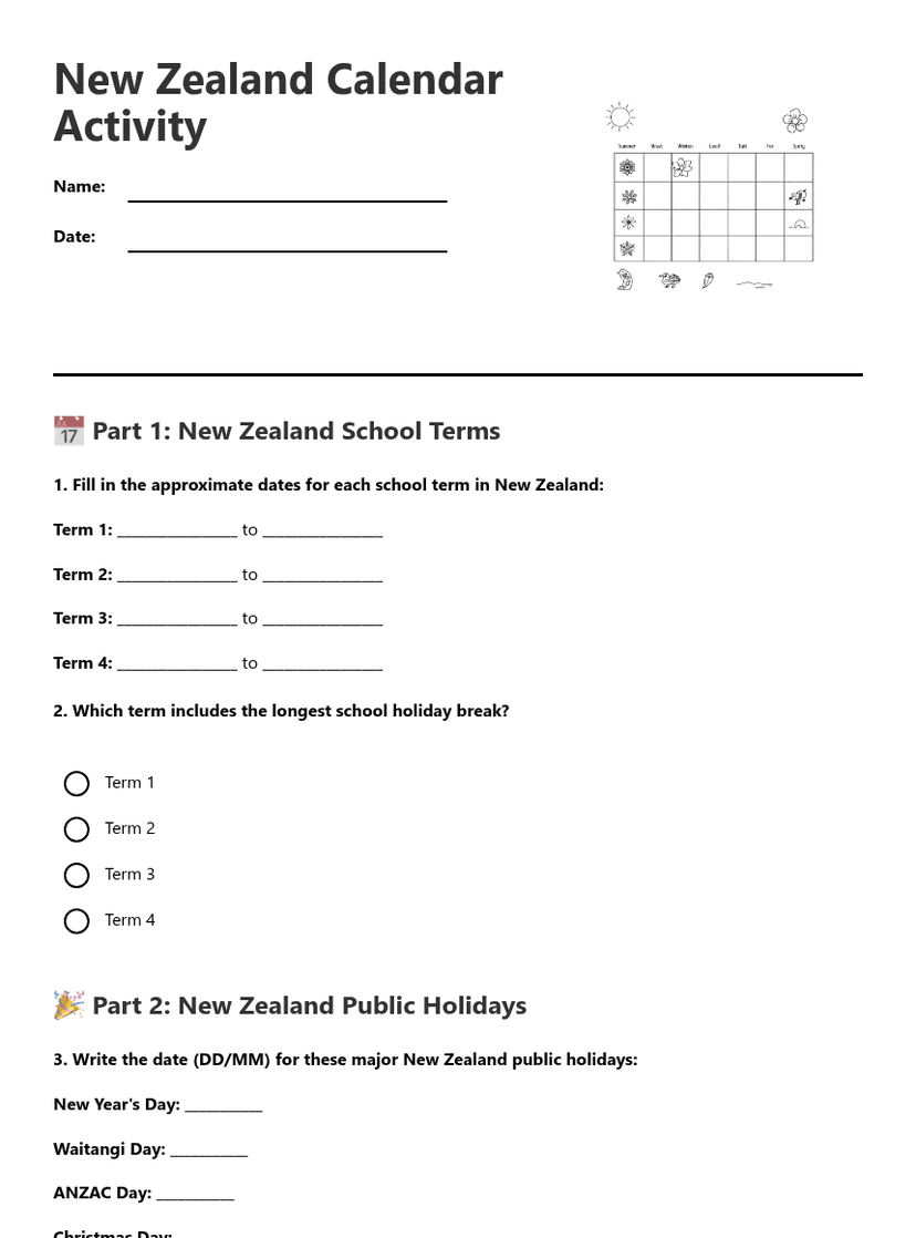 New Zealand Calendar Activity