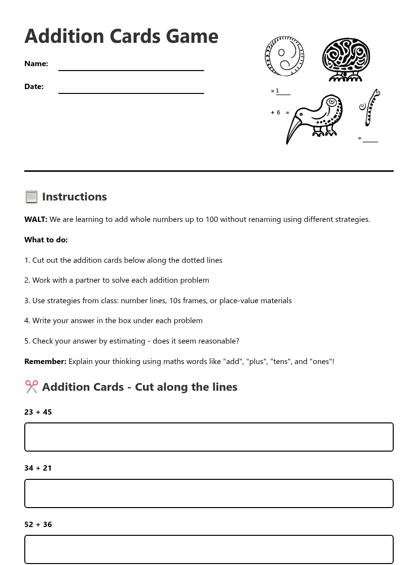 Addition Cards Game worksheet preview
