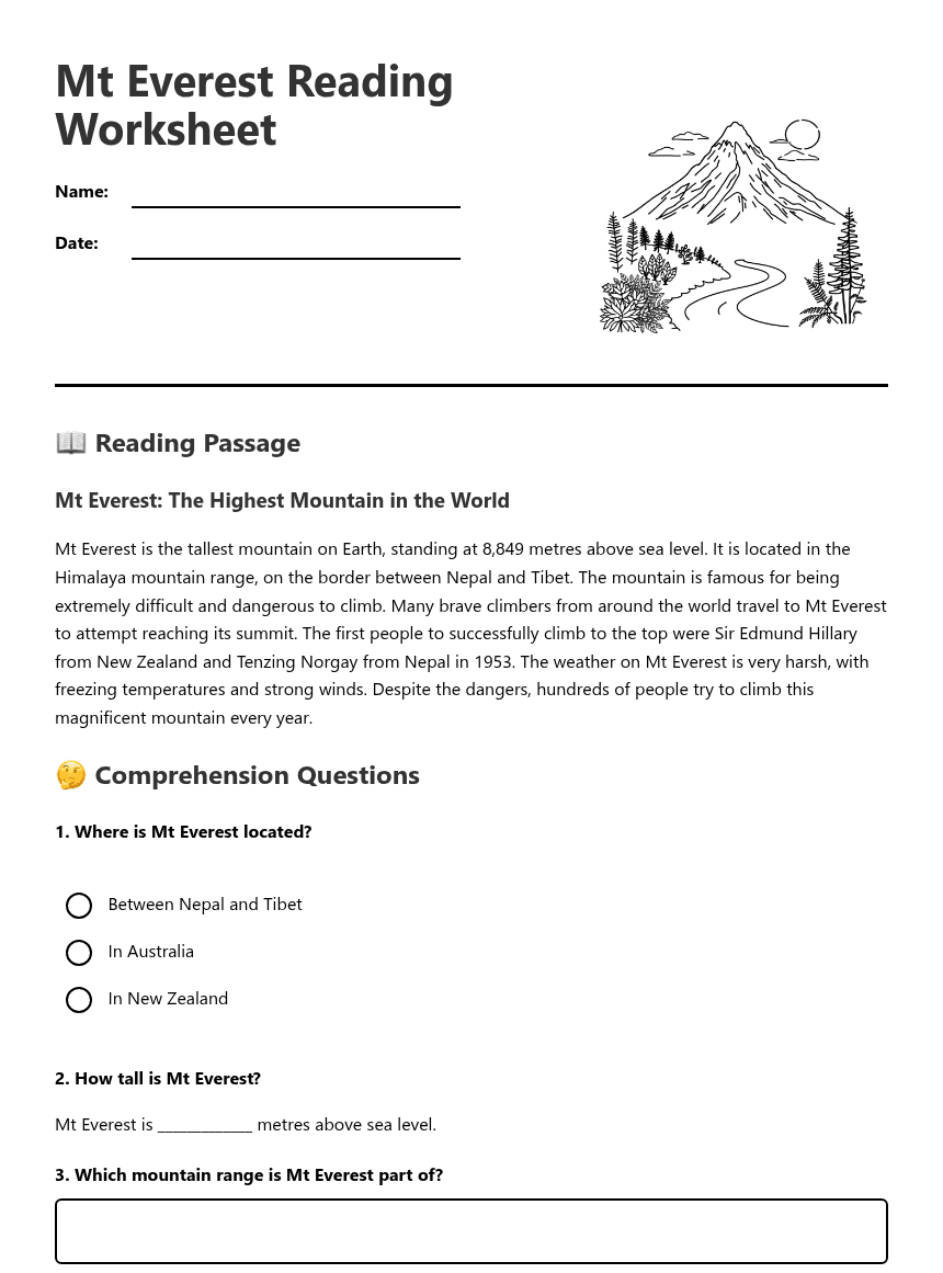 Mt Everest Reading Worksheet worksheet preview