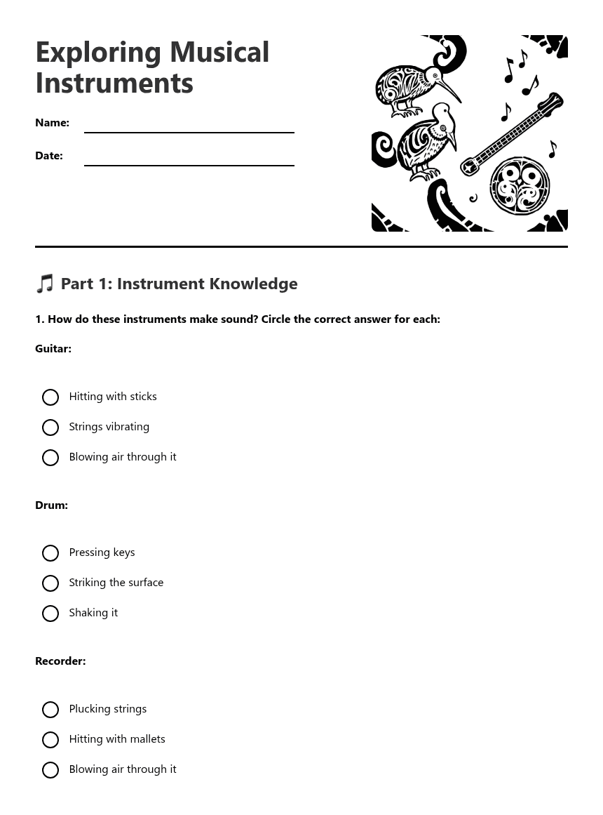 Exploring Musical Instruments worksheet preview