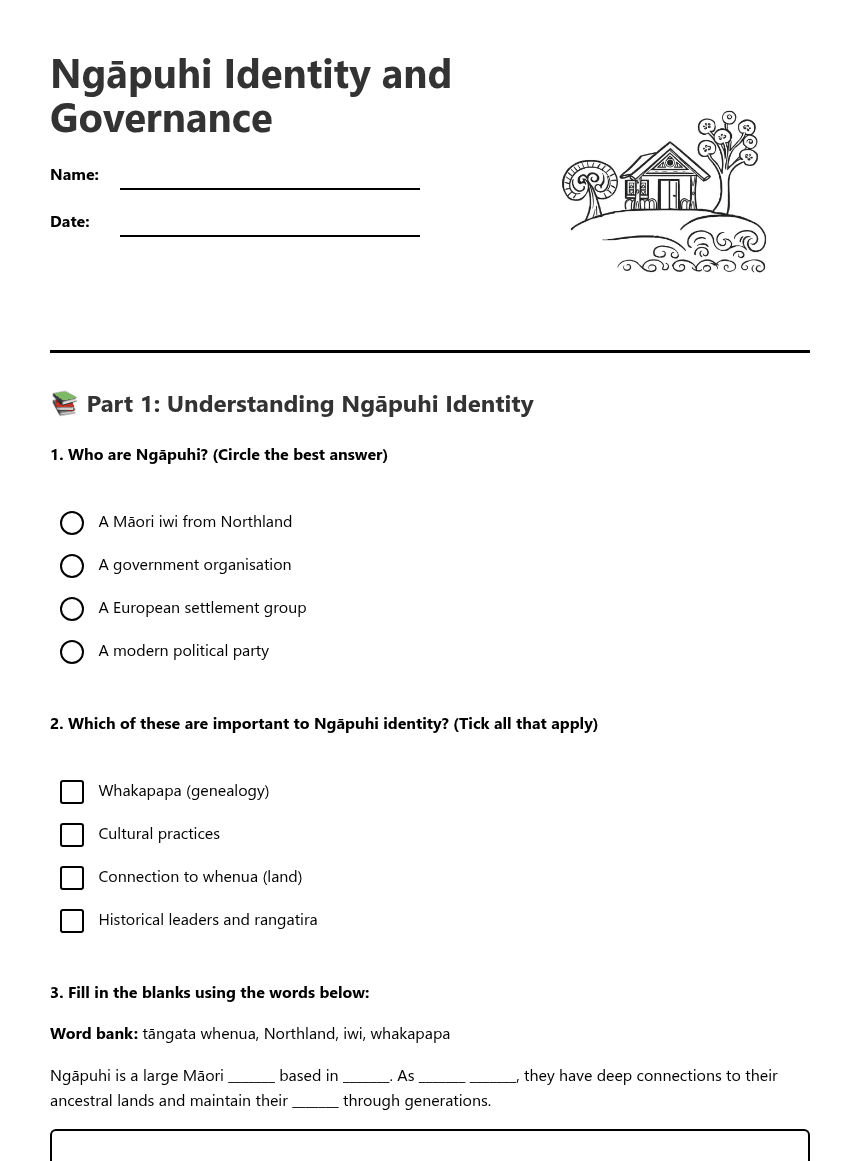 Ngāpuhi Identity and Governance worksheet preview