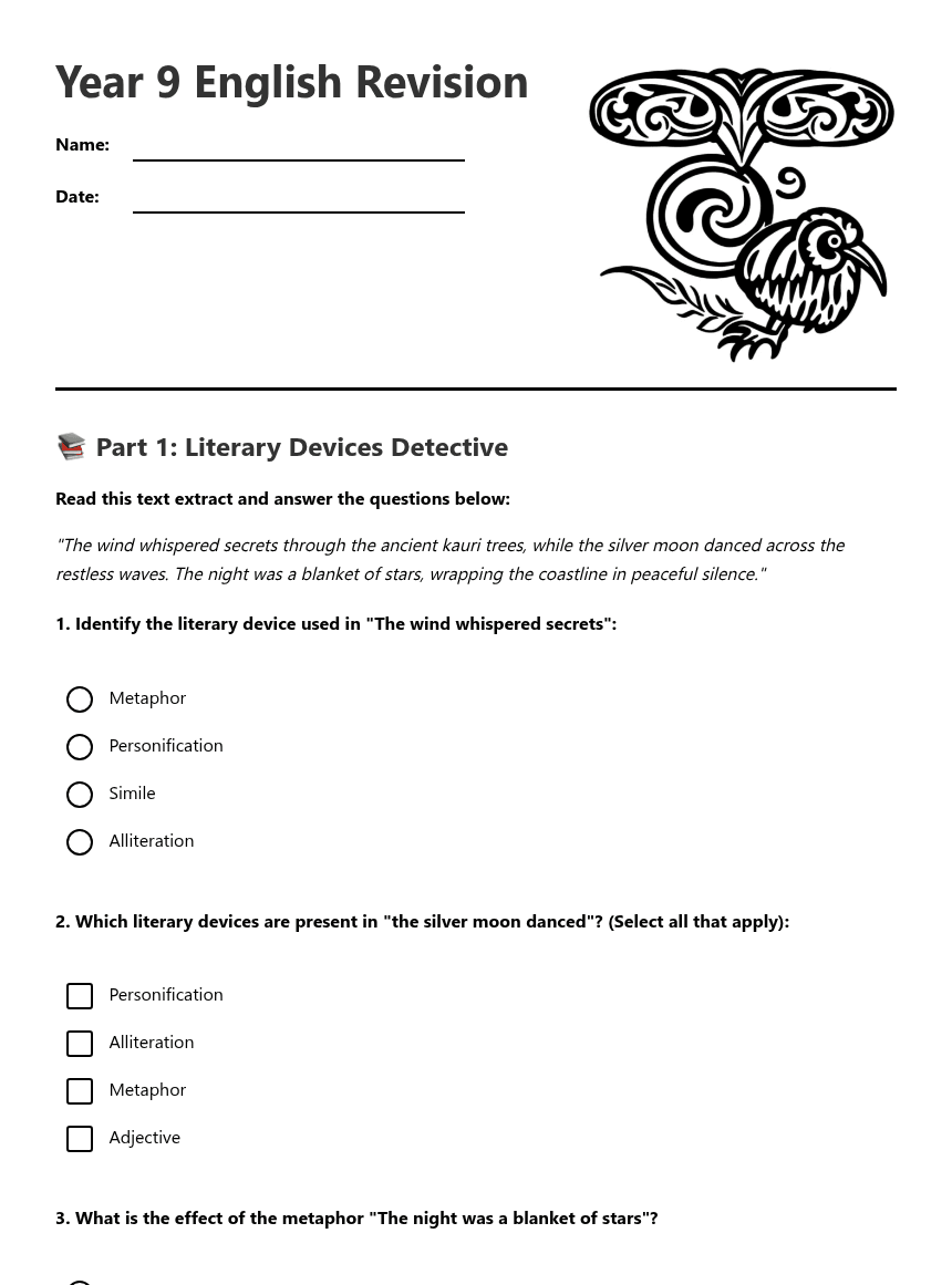Year 9 English Revision worksheet preview