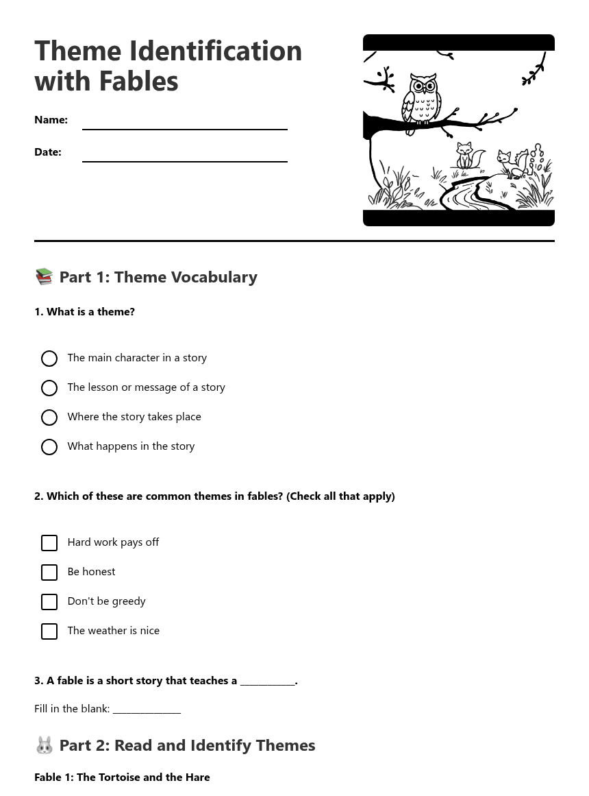Theme Identification with Fables worksheet preview