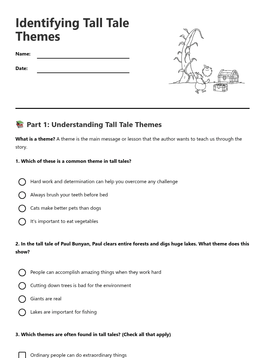Identifying Tall Tale Themes worksheet preview