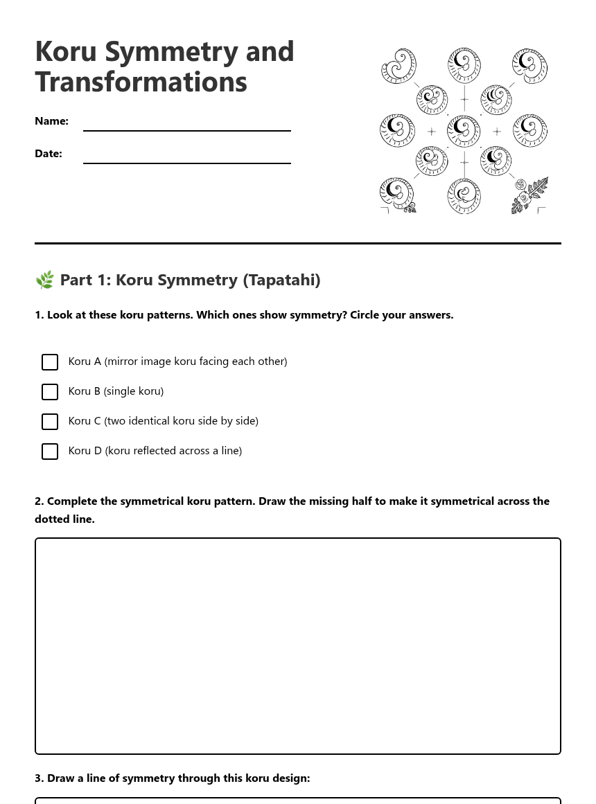 Koru Symmetry and Transformations worksheet preview