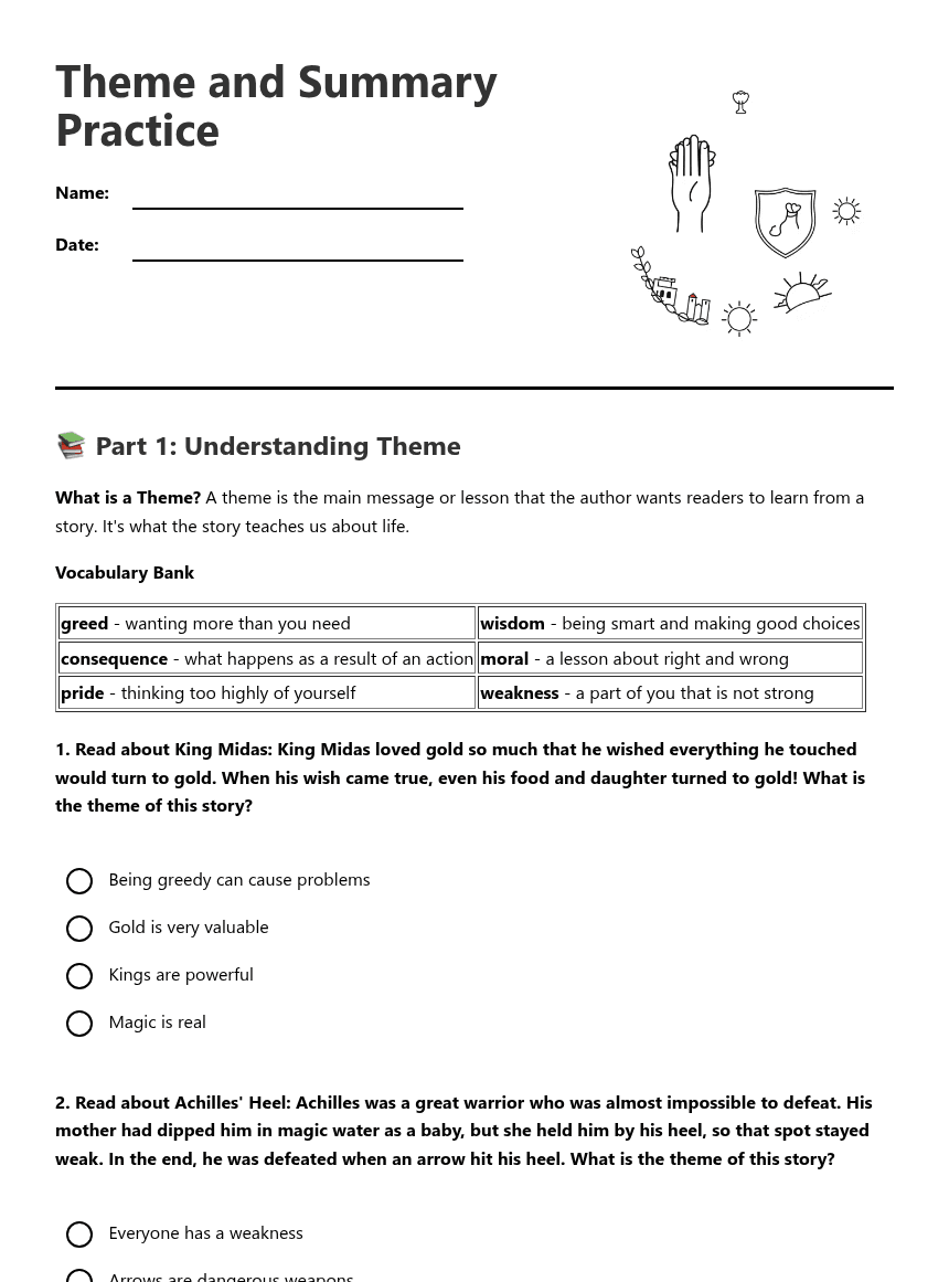 Theme and Summary Practice worksheet preview