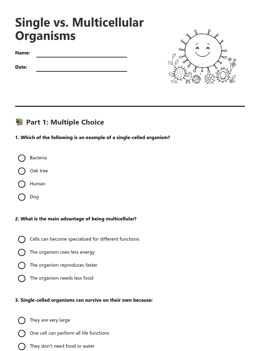 Single vs. Multicellular Organisms worksheet preview