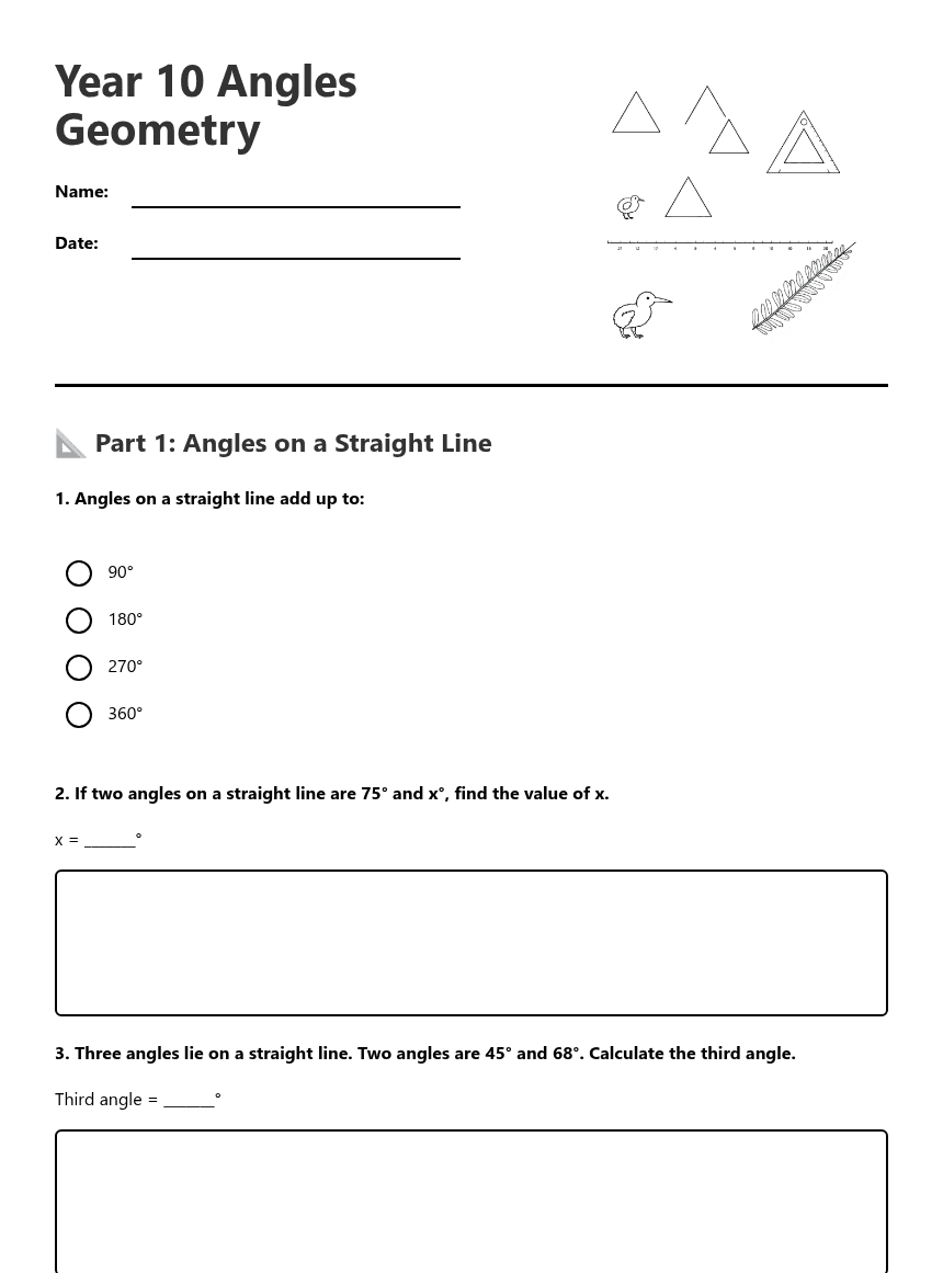 Year 10 Angles Geometry worksheet preview