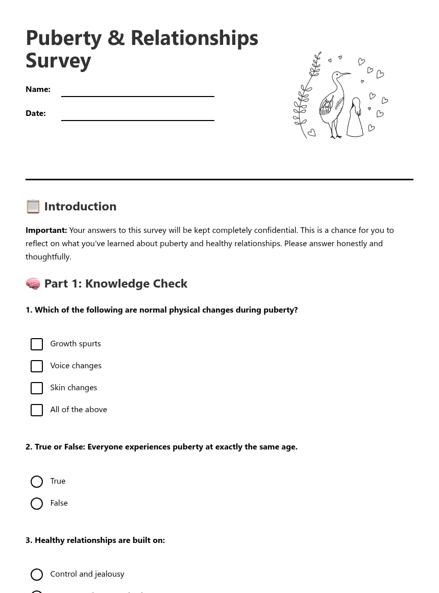 Puberty & Relationships Survey worksheet preview