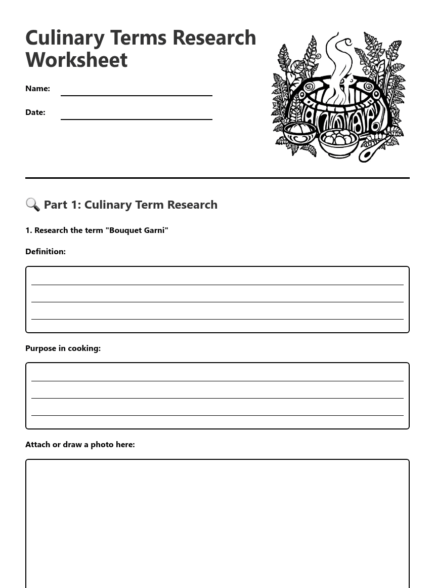 Culinary Terms Research Worksheet worksheet preview
